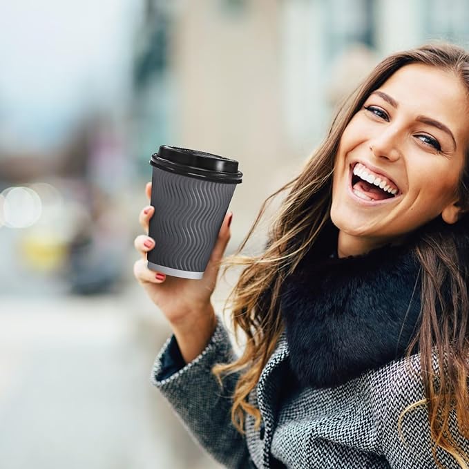 100 Pack 12 oz Disposable Coffee Cups with Lids, Insulated Ripple Wall To-Go Paper Coffee Cups Suitable for Chocolate Cocoa and Hot/Cold Drinks (Grey)