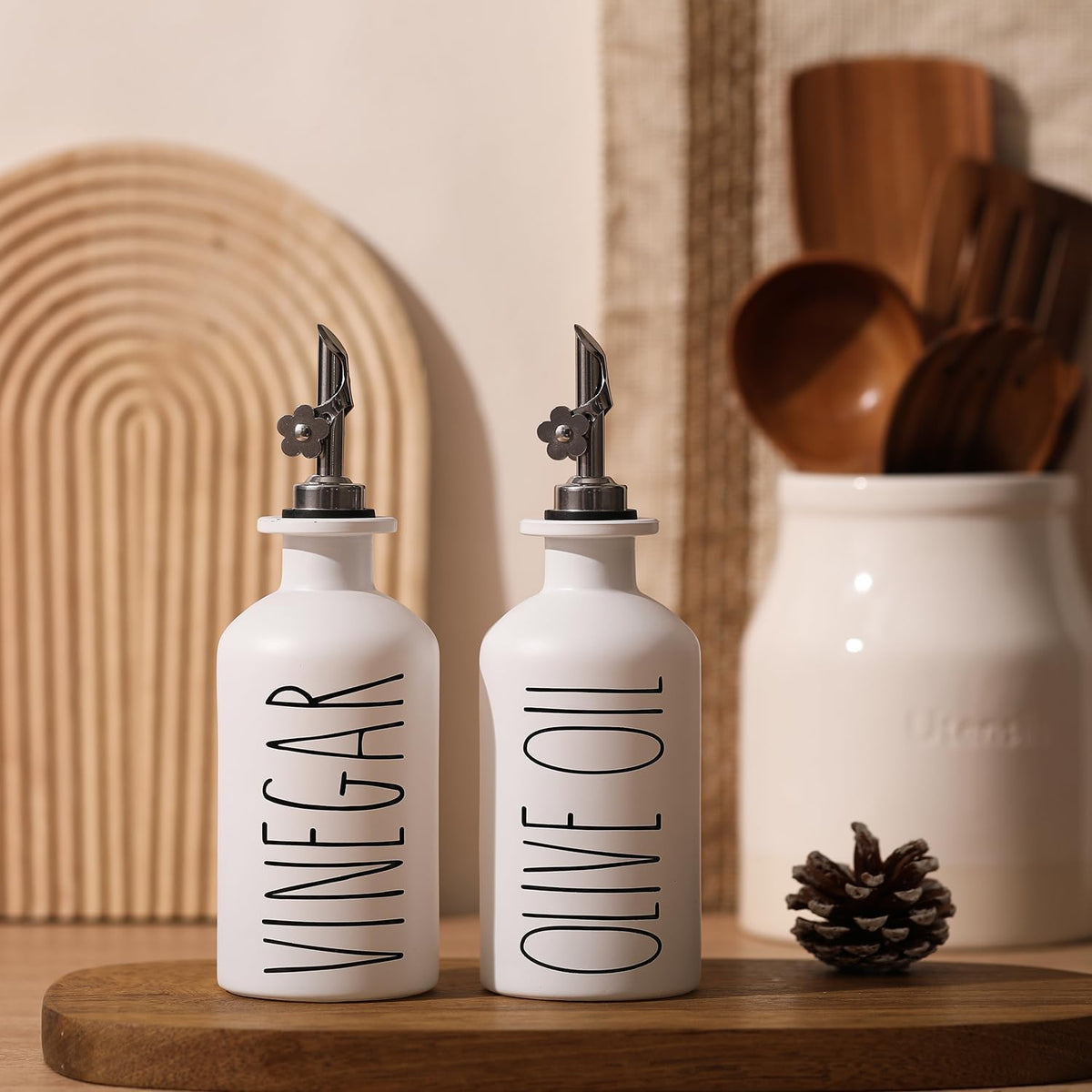 HOMCDALY Premium Olive Oil Dispenser for Kitchen, 11.8oz Glass Oil Bottles with Bamboo Tray, White Oil&Vinegar Cruet Set, Kitchen Dispenser Bottles with Pourer| Set of 2 (11.8oz –P–White)