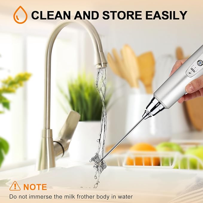 YUSWKO Rechargeable Milk Frother Handheld with 3 Heads, Silver Coffee Electric Whisk Drink Foam Mixer, Mini Hand Stirrer with 3 Speeds Adjustable for Latte, Cappuccino, Hot Chocolate, Egg