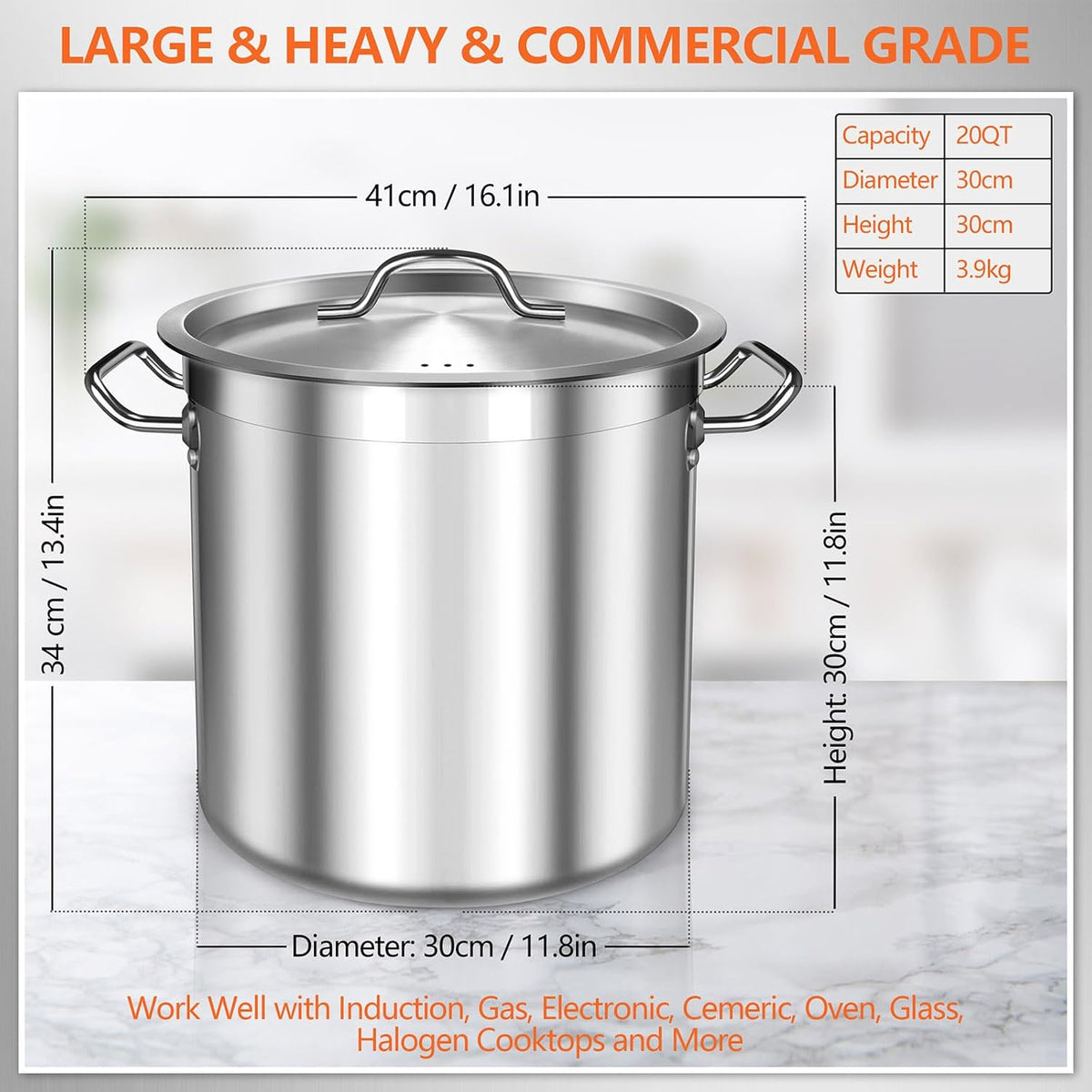 Stock Pot 20 Quart - Stainless Steel Stock Pot with Lid – Heavy-Duty Cooking Pot for Soup, Stew, Pasta – Commercial & Home Use, Induction Compatible - 5 Gallon