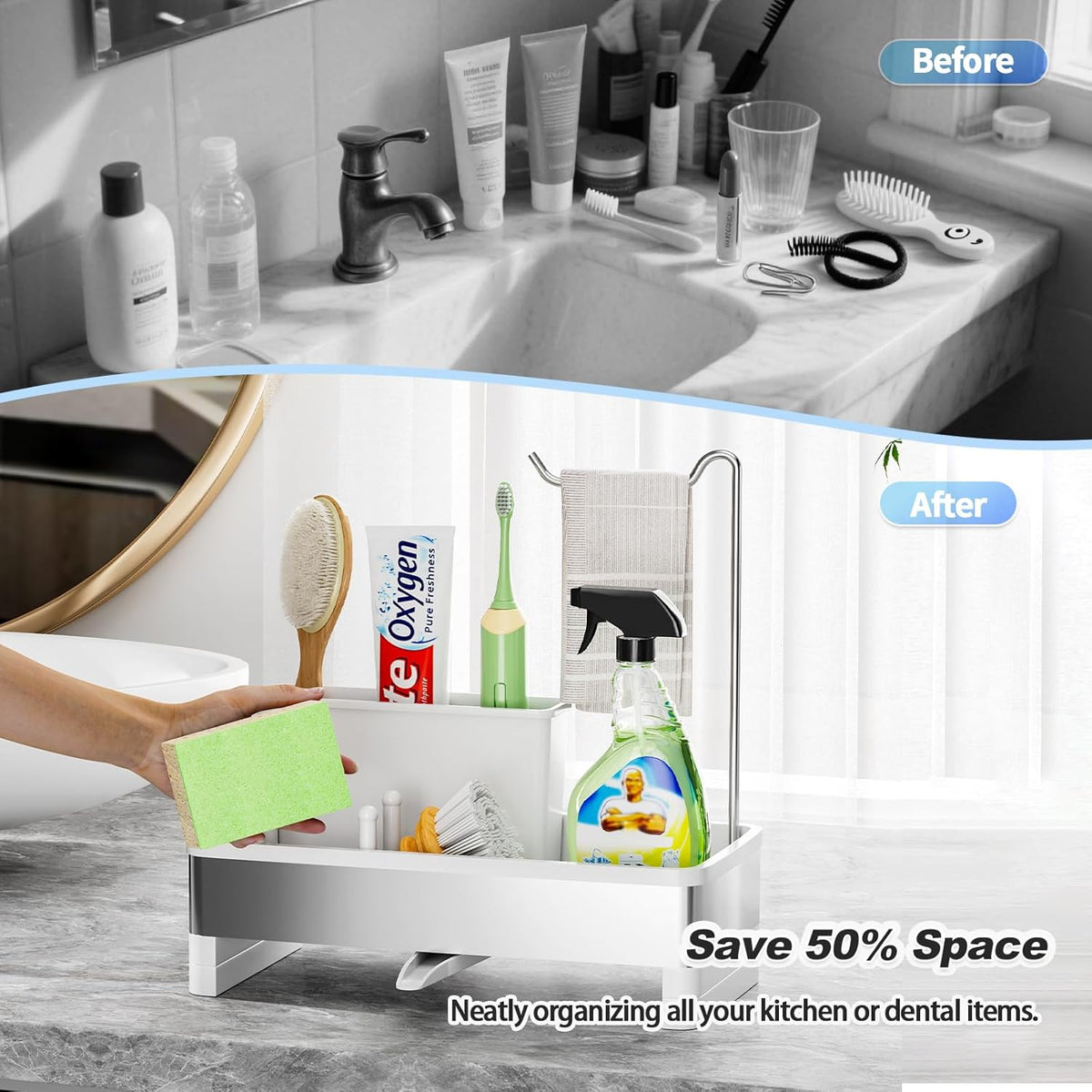 Stainless Steel Sink Caddy, Sponge Holder for Kitchen Sink with Brush Holder & Dishcloth Rack, Rustproof Sink Organizer Countertop, Kitchen Organizers Storage Essentials (E-White)