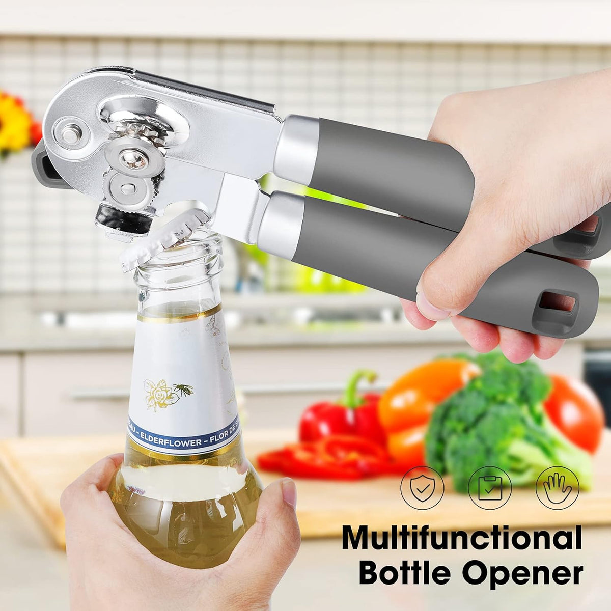 Beneno Can Opener Manual with Magnet, Hand Held Heavy Duty Can Opener with Durable Sharp Blade Smooth Edge, Big Effort-Saving Knob, Soft Grip Rubber Handle, Multifunctional Bottle Opener, Gray