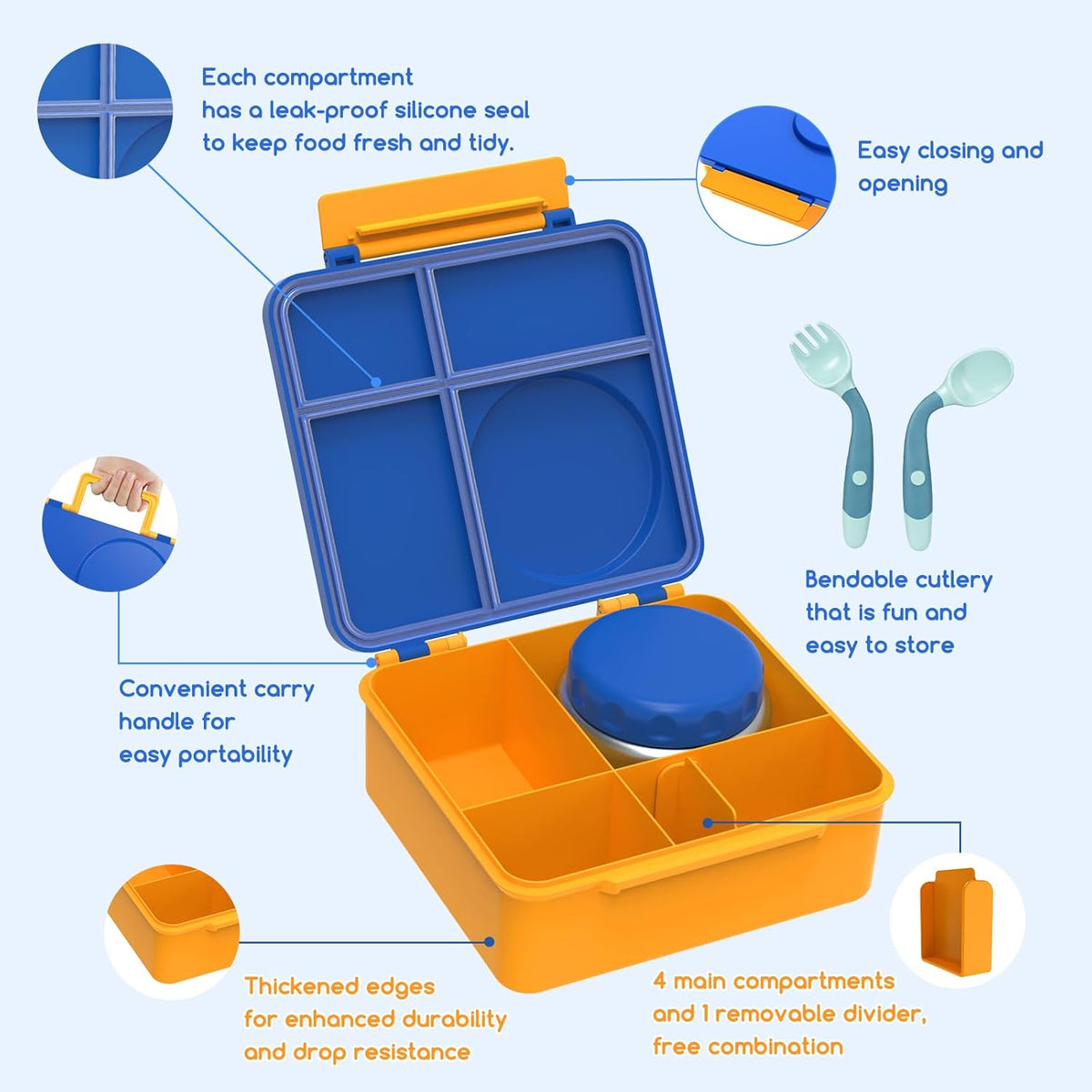 Bento Box for Kids - Leak-Proof Lunch Box with Insulated Thermos Food Jar - 4 Compartments, 1 Removable Divider, 1Spoon, 1 Fork - Dishwasher Safe, BPA-Free (Blue)