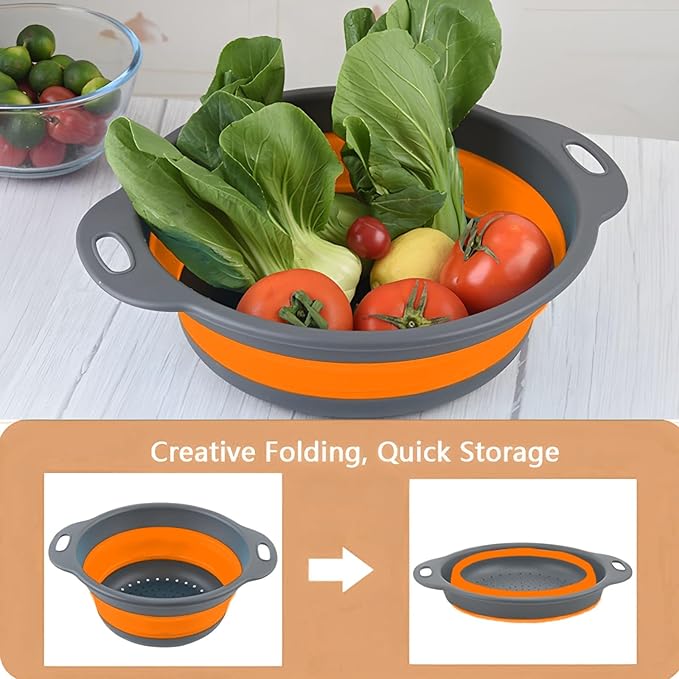 Silicone Colander Collapsible Strainers Set for Kitchen- 2 Pack (3Qt, 4Qt) -Over Home Draining Basket, Food Vegetables & Fruits-Dishwasher Safe, Space Saving Design (Orange)