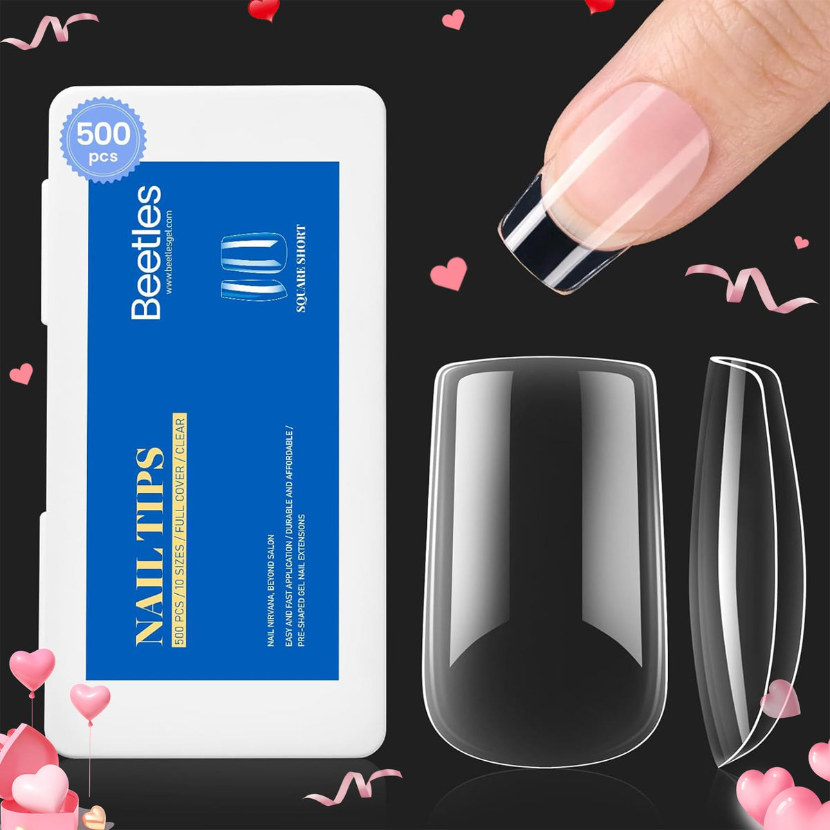 Beetles Gel Nail Tips, 500Pcs Beetles Gel X Short Square Gel Nail Tips Clear Full Cover False Nails Tips Press On Nails For Vale