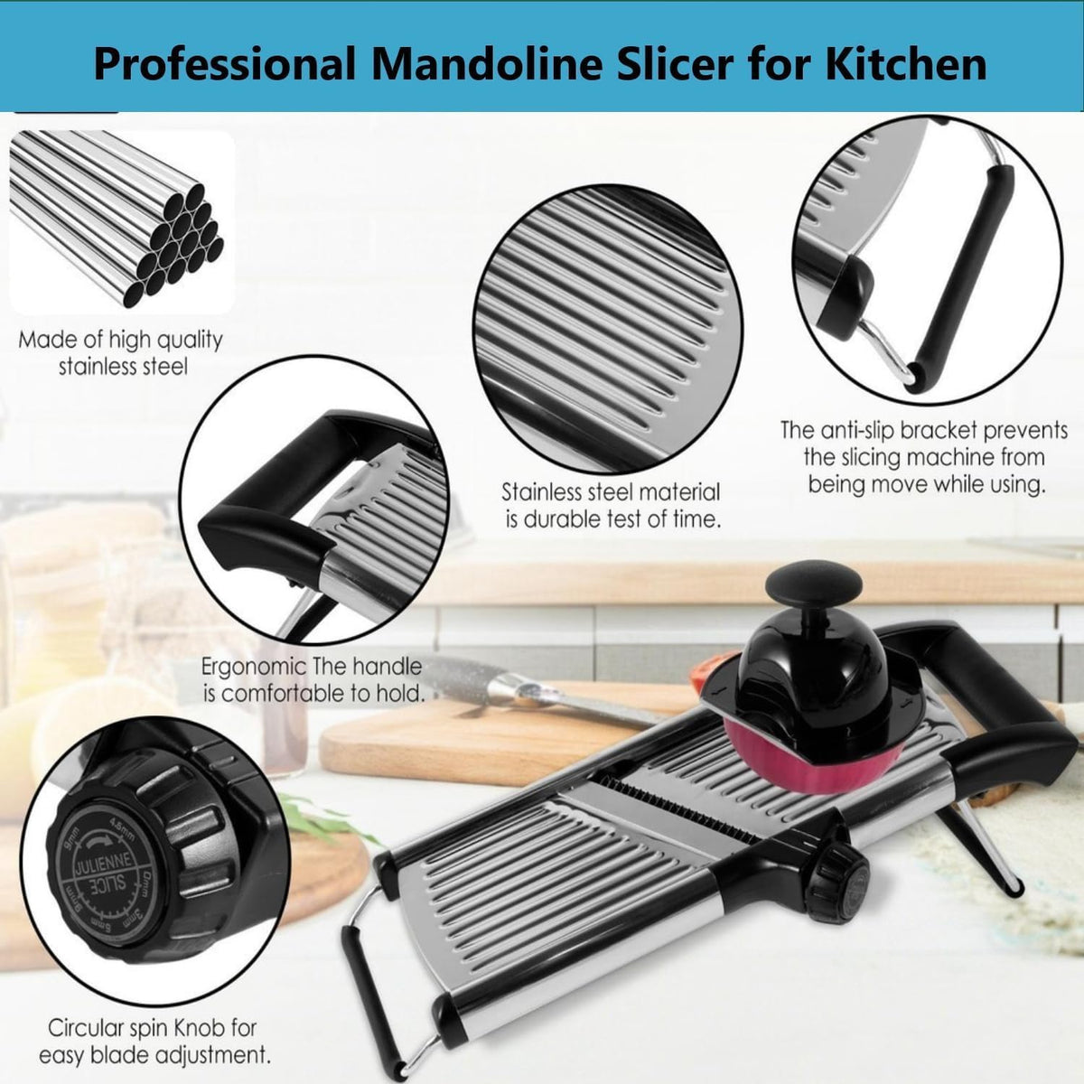 Adjustable Mandoline Slicer for Vegetables, Fruits, Stainless Steel with Cut-Resistant Gloves, Black/Silver