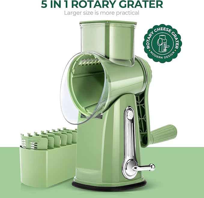 SUSTEAS Rotary Cheese Grater with Handle - Vegetable Shredder with 5 Well-designed Blades & Strong Suction Base,Round Mandoline Slicer & Food Chopper for Kitchen,with Blade Storage Box(Retro Green)