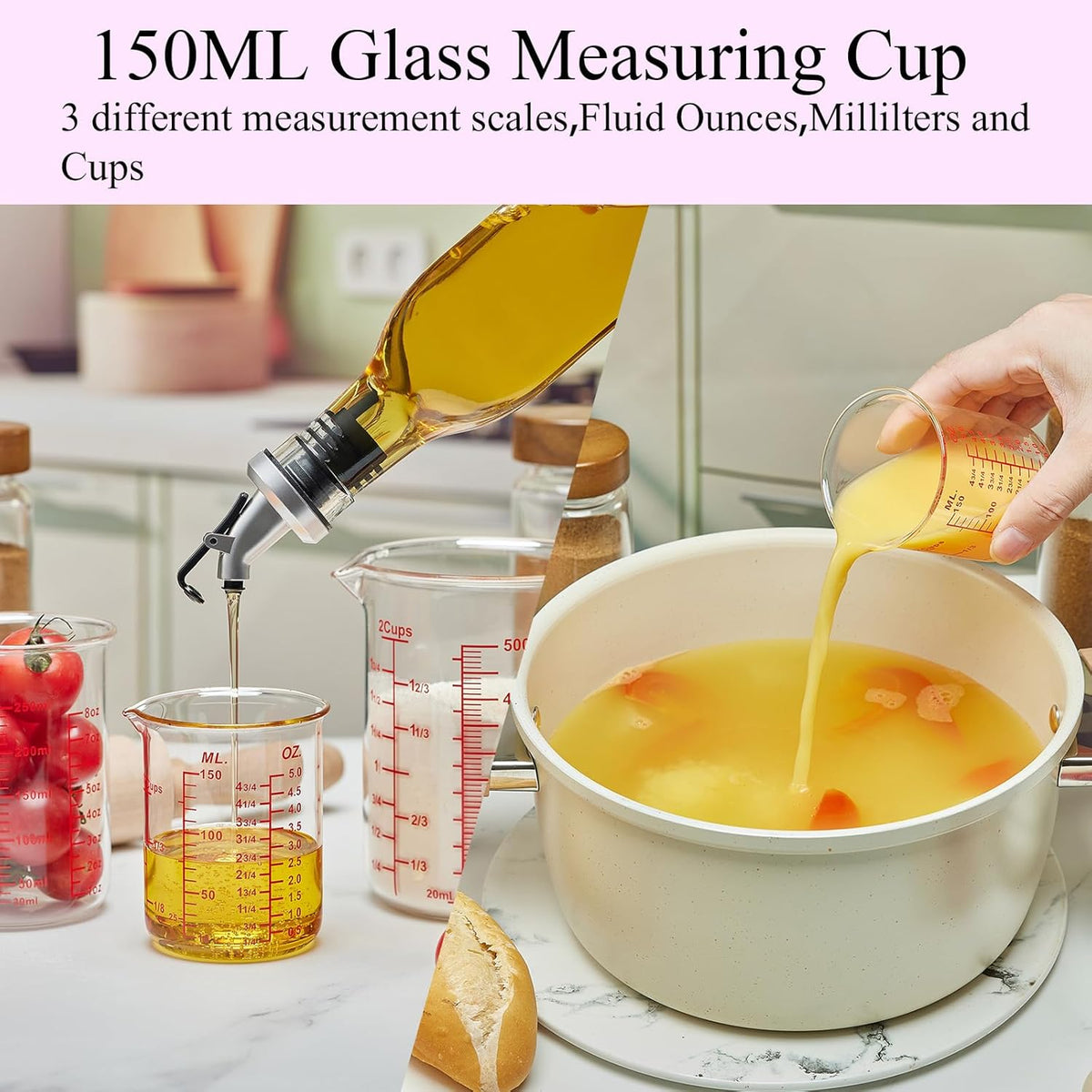 3 Piece Glass Measuring Cup Set, Includes 1/2-Cup, 1-Cup, and 2-Cup High Borosilicate Glasss Liquid Measuring Cups, Dishwasher, Freezer, Microwave, and Preheated Oven Safe, Essential Kitchen Tools
