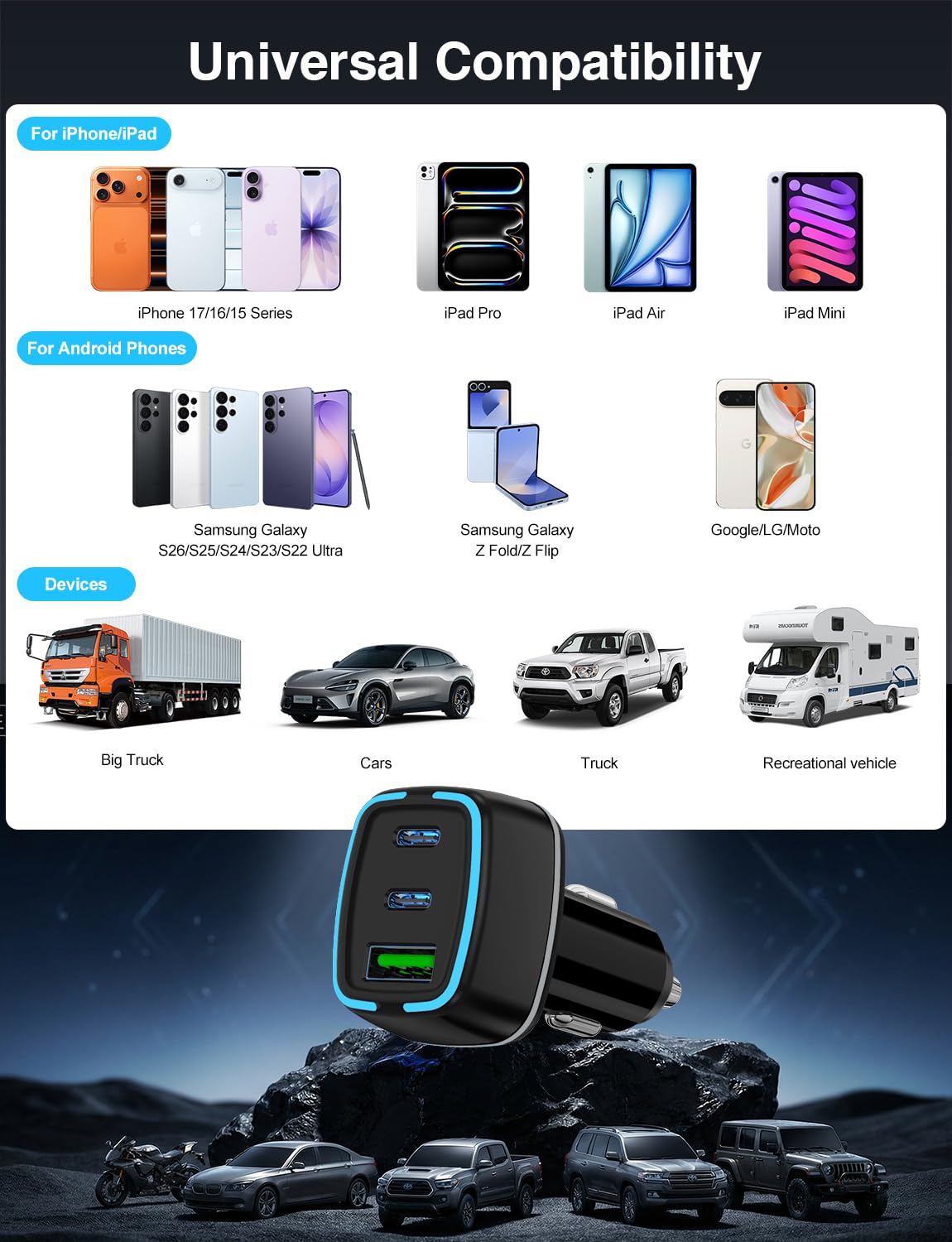 QZVOO 75W USB C Car Charger, 3-Port Super Fast Charging Cigarette Lighte