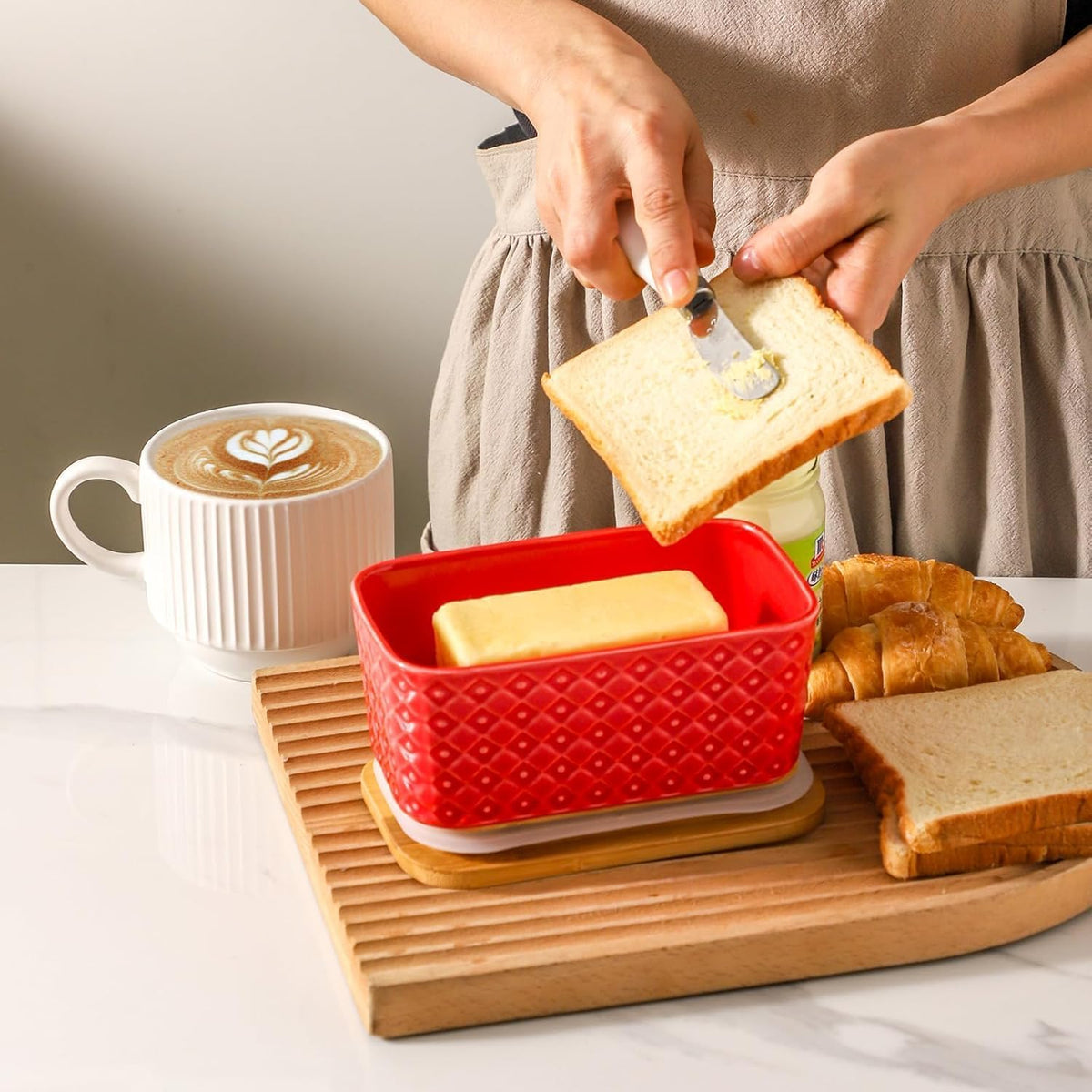 Ceramic Butter Dish with Lid,Large Butter Container with Airtight Cover for Countertop or Refrigerator,Farmhouse Kitchen Butter Holder for New Year Gift,Dishwasher Safe,Red Embossed Pattern