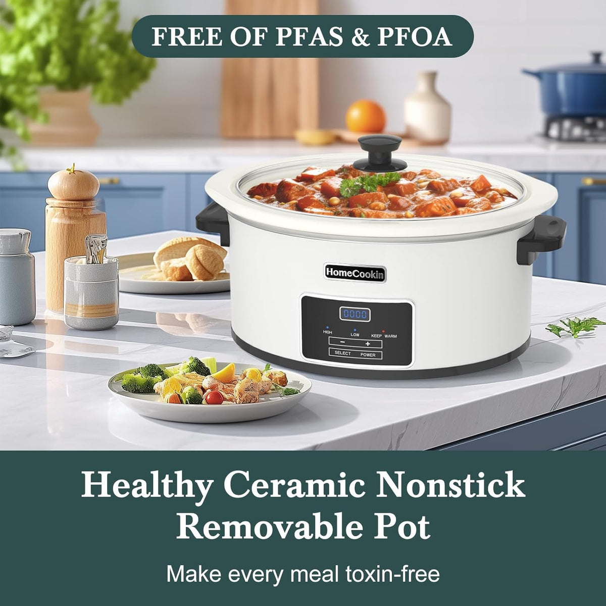HOMECOOKIN 6-Quart Programmable Slow Cooker with Timer - Small Kitchen Appliance for Family Dinners - Serves 6+ People - Heat Settings: Keep Warm(White)
