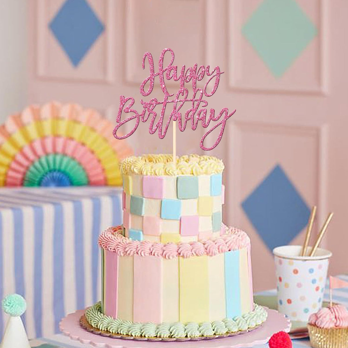 ZHUOWEISM 1 PCS Happy Birthday Cake Topper Glitter Happy Birthday Cake Pick for Celebrating Happy Birthday Anniversary Theme Party Cake Decorations Supplies Pink