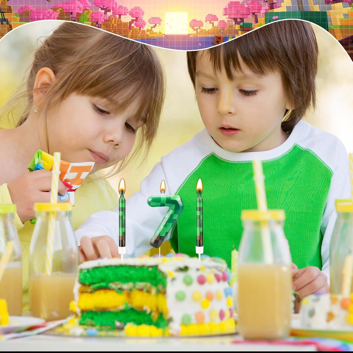 13 Pcs Dynamite Themed Birthday Cake Candles & Number 7 Candle Topper for Pixel Theme Birthday Party