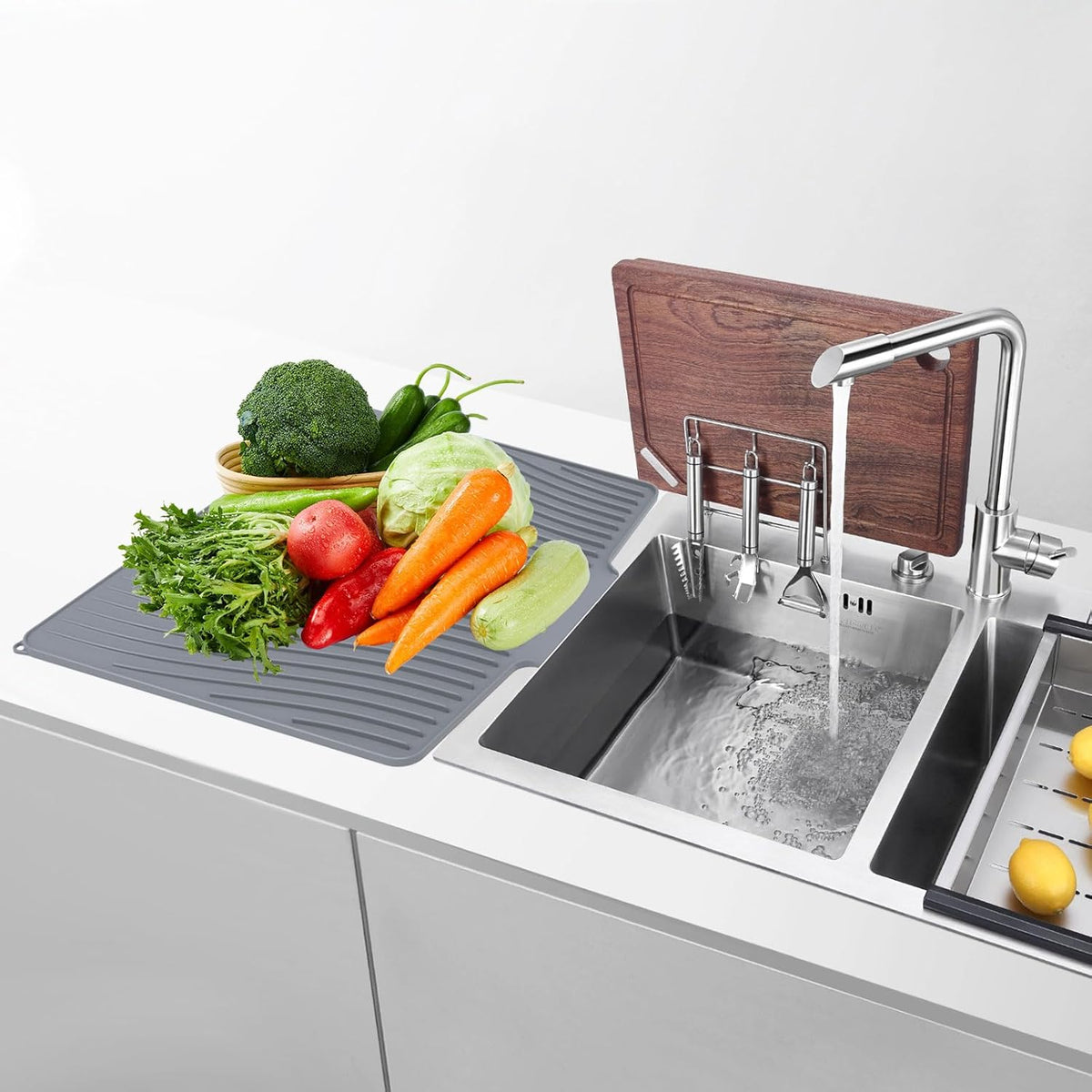 Silicone Dish Drying Mat with Drain Lip 23.6'' x 17.9'' Non-Slip Silicone Dish Drying Mat for Kitchen Counter, Heat Resistant Dish Drying Pad Quick Dry Self-draining Dish Drainer Mat Board Grey