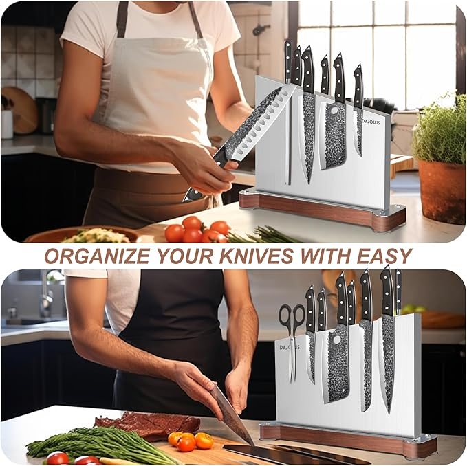 Large Magnetic Knife Block Holder Without Knives for Kitchen Counter, Stainless Steel Material Magnetic Knife Storage Stand Rack with Strong Double Sided Magnet and Wood Base - 16.15 x 11 Inches