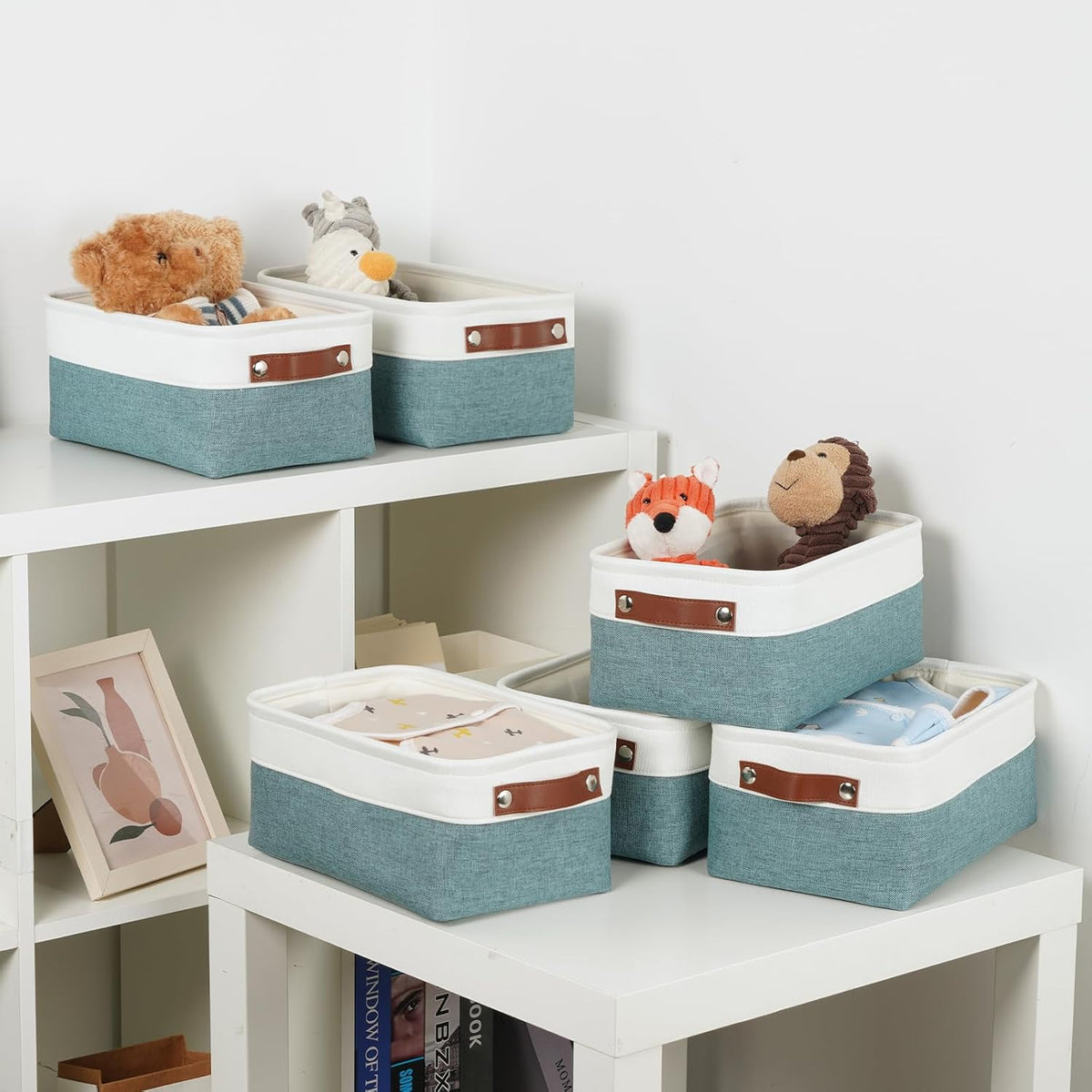 DULLEMELO Set of 6 Small Baskets for Organizing, Small Fabric Storage Bins for Storage, Collapsible Storage Bins with Handles for Shelves, Closets (11.8"x7.9"x5.1", White&Deep Green)