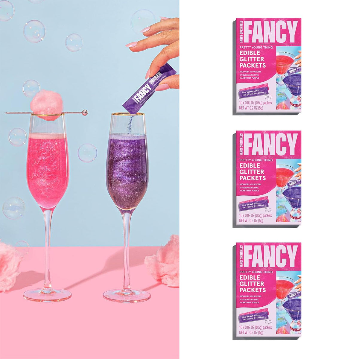 Fancy Sprinkles Pretty Young Thing Edible Glitter Packets Portable & On-The-Go for Sparkling Drinks, Champagne, Cocktails, Wine, Beer, & more. (3 Pack)