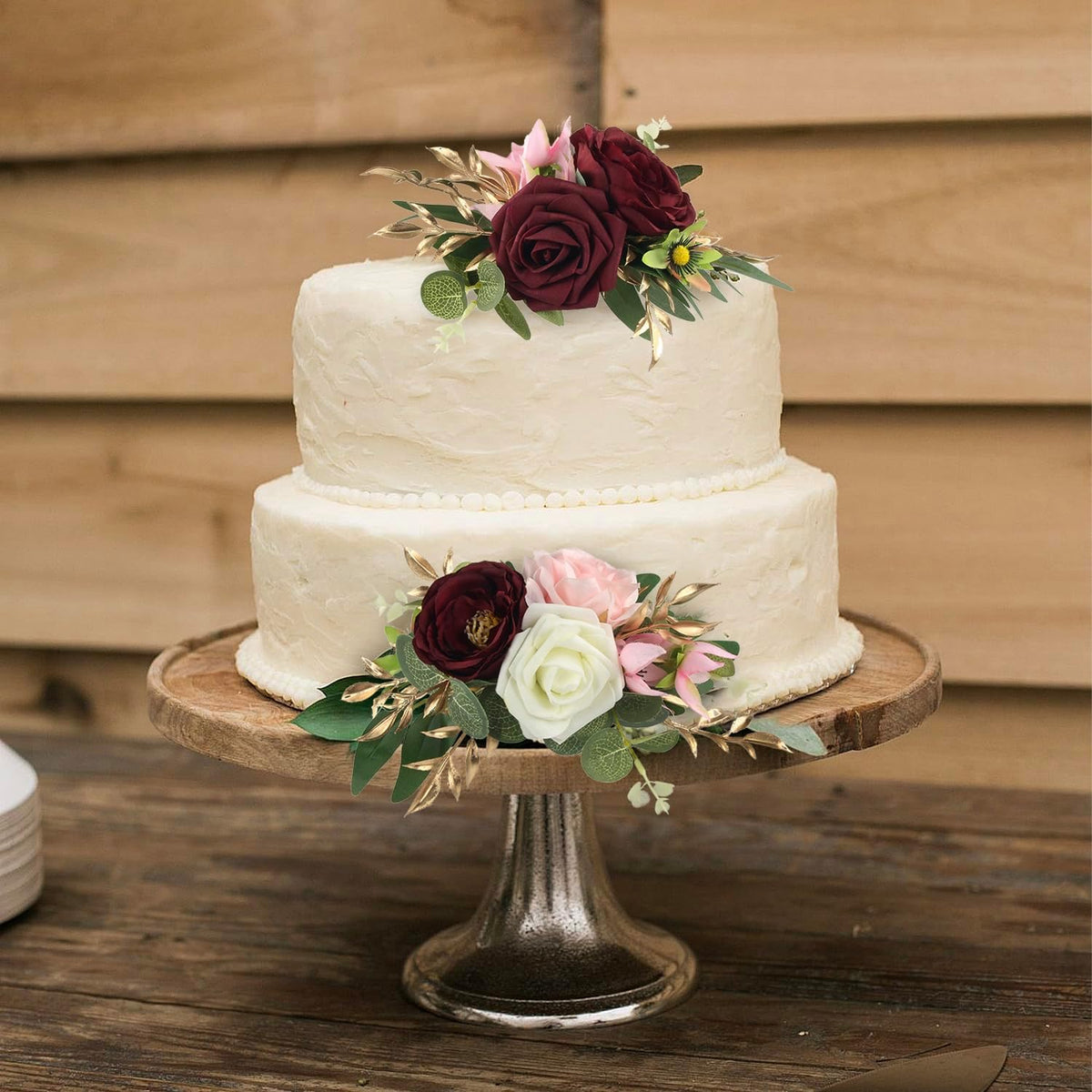 Rinlong Pre-made 3Pcs Cake Toppers Burgundy Flowers Cake Decorations Wedding Cake Decorating Flowers Decor Birthday Baby Shower Party Christening Christmas Cake Toppers