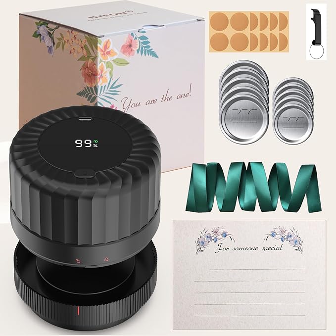 Gift Boxed - Fully Automatic Mason Jar Vacuum Sealer Kit, Auto Stop Mason Jar Vacuum Sealer, A Must-Have Jar Sealer for Canned Foods Pantry Canning Pickling, Gift for Mom or Dad, Gift for Grandparents