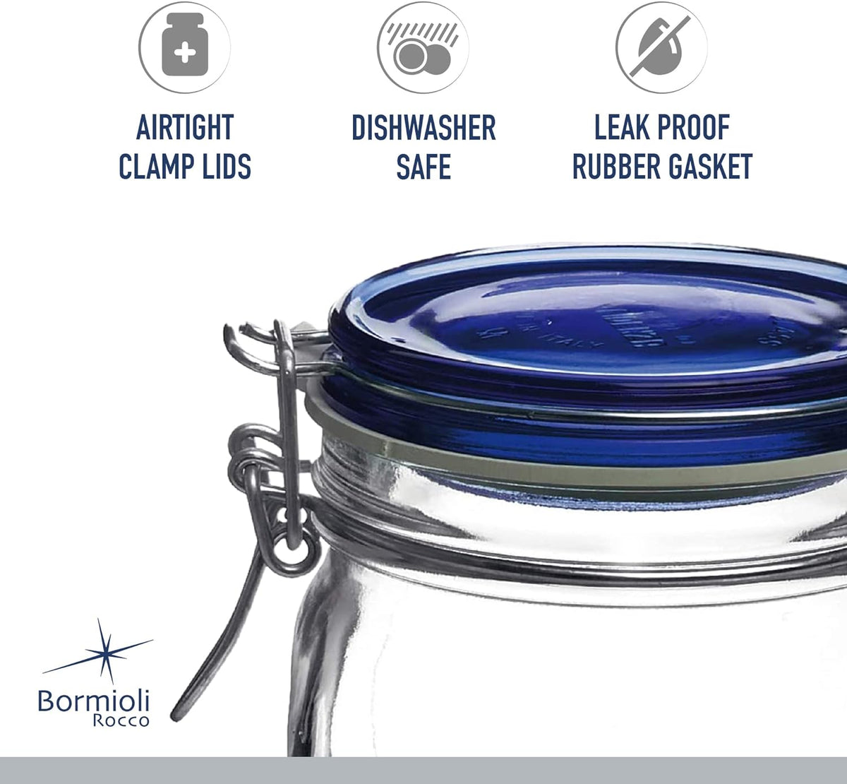 Bormioli Rocco Fido Glass Jars, Blue Lids – Serving & Entertaining Containers, Assorted Sizes - Airtight Clamp Canisters for Appetizers, Desserts, Snacks – Italian Glass, Dishwasher Safe (Set of 3)