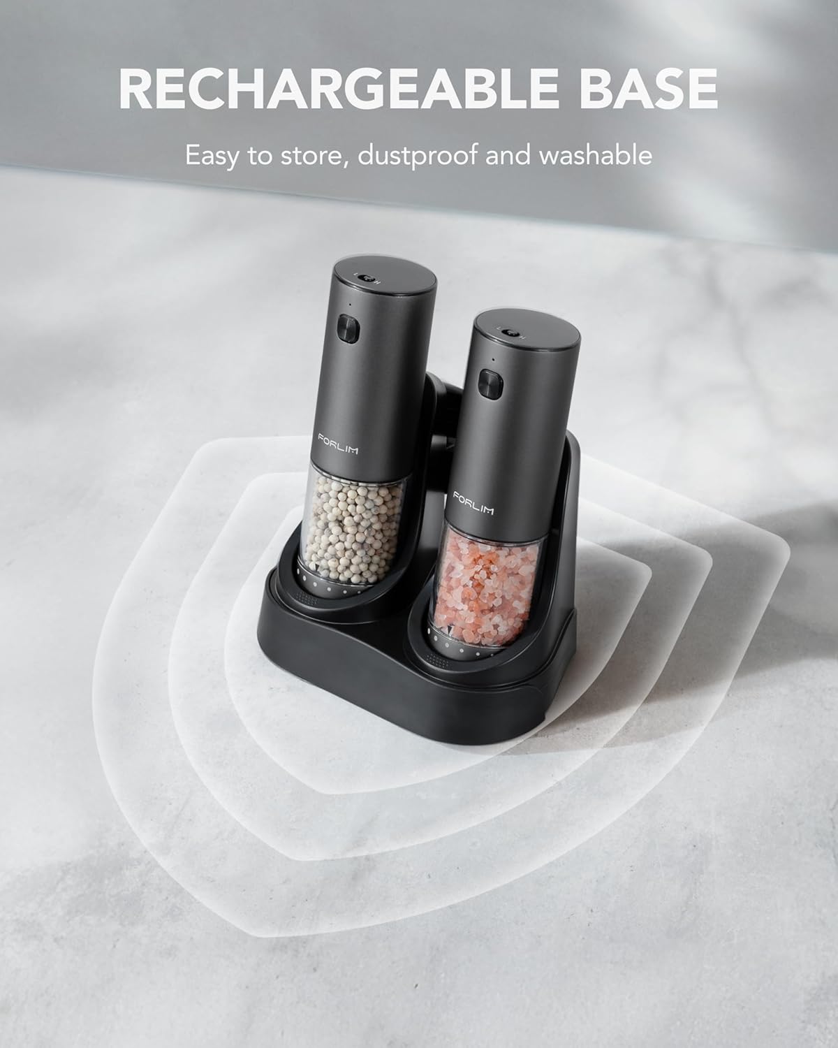 FORLIM 2-Speed Electric Salt And Pepper Grinder Set, External Rotation To Adjust Coarseness, Electric Salt and Pepper Shaker With Charing Base, One-Button Automatic Grinding, Washable Container