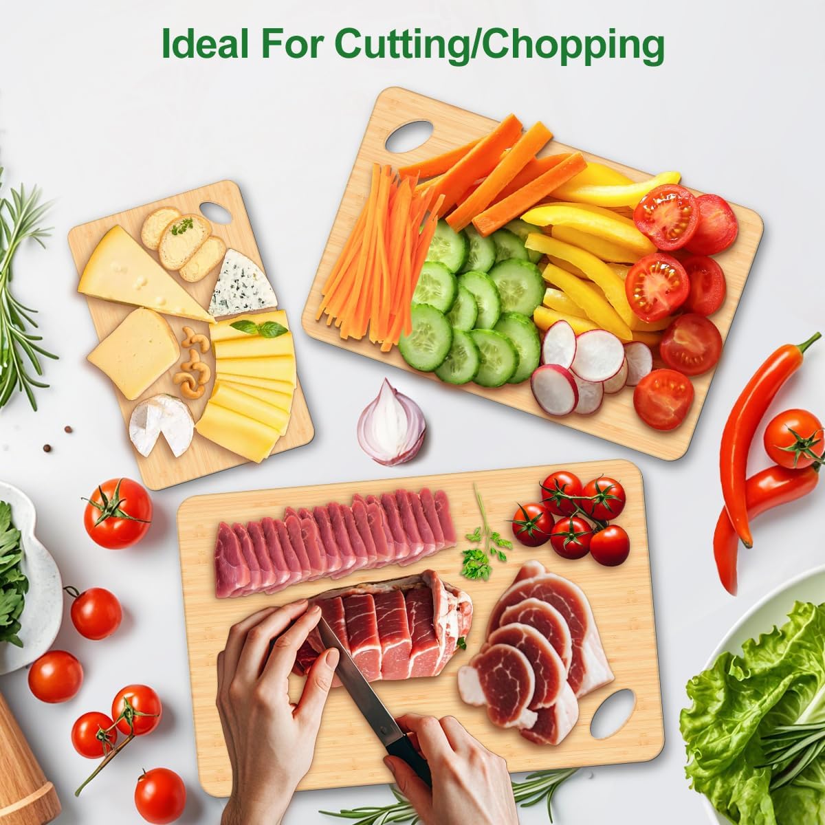 Wood Cutting Boards for Kitchen, Cutting Board Set of 3 Chopping Board for Meat/Vegetables/Cheese Knife Friendly Serving Tray with Holes