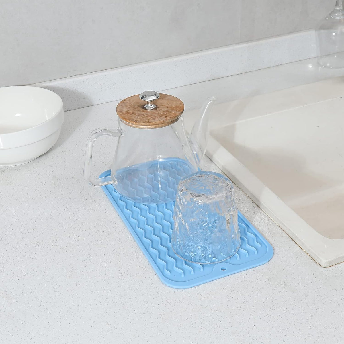 Silicone Dish Drying Mat for Multiple Usage,Easy clean,Eco-friendly,Heat-resistant Silicone Mat for Kitchen Counter or Sink,Refrigerator or Drawer Liner Light Blue S 12 inches x 6 inches