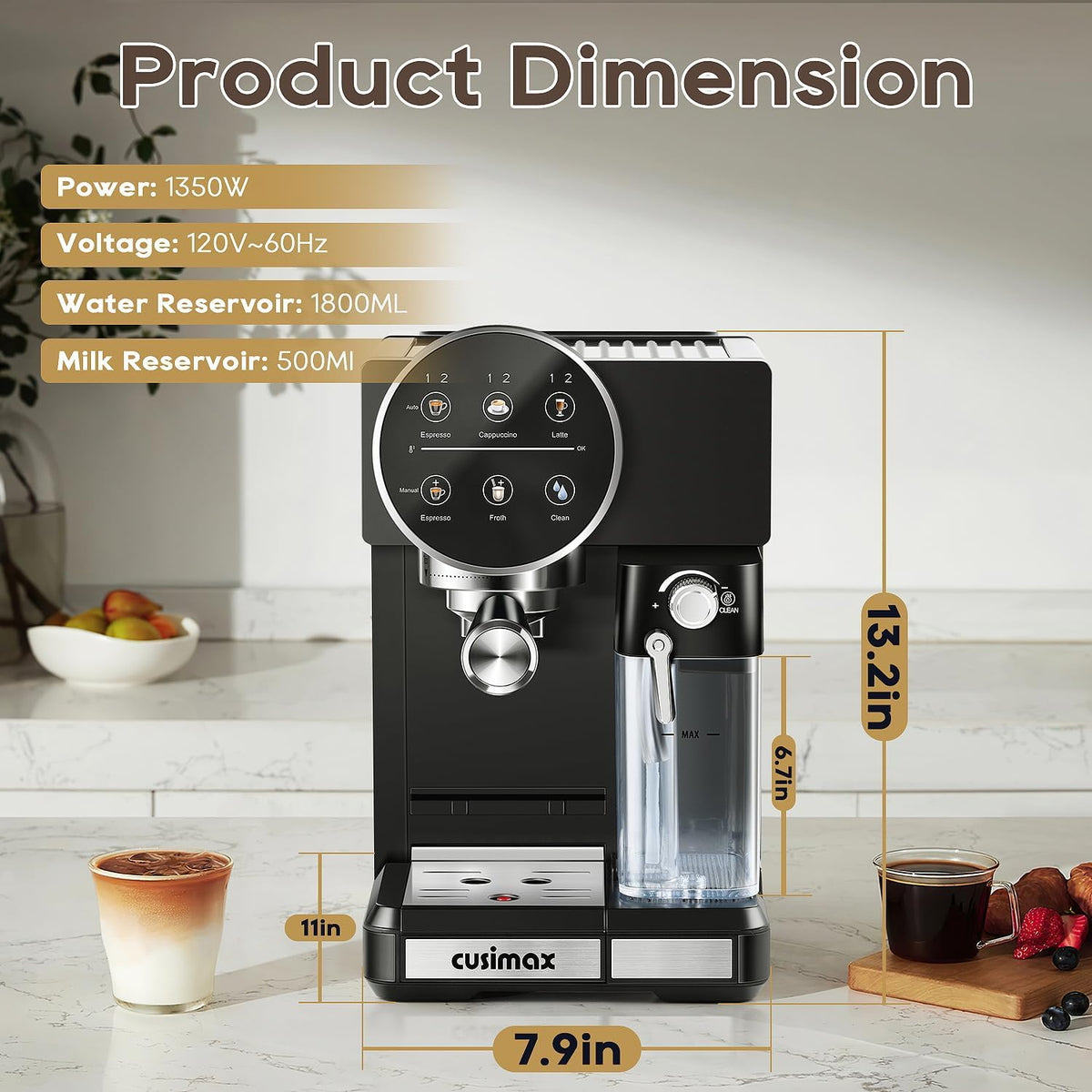 CUSIMAX Expresso Coffee Maker with Milk Frother, Cappuccino Machine Makes Espresso, Cappuccino, and Lattes with One-Touch Ease, and the Manual Mode Makes Creative Coffees with Cleaning Function