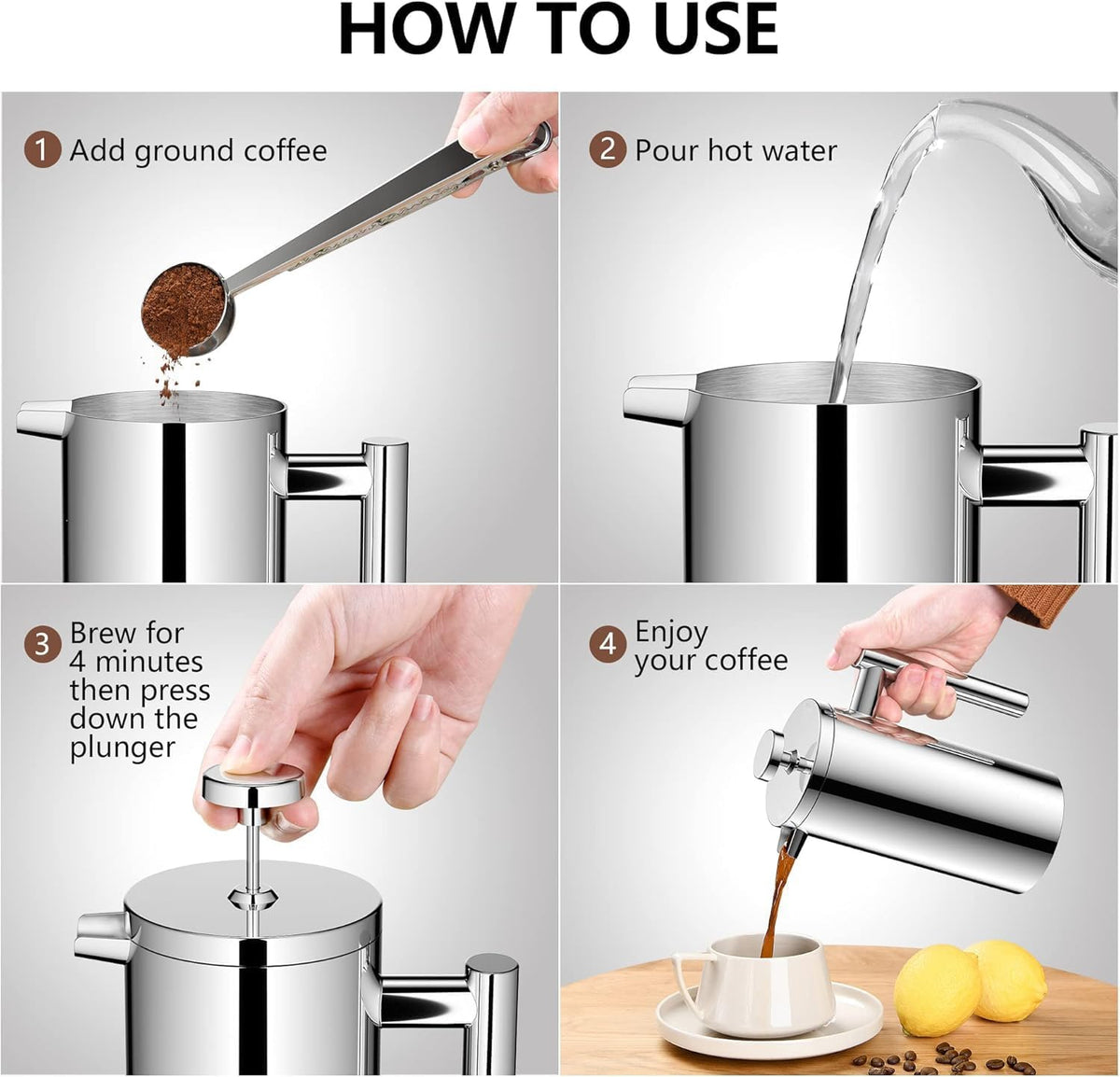 Small French Press Coffee Maker 600ml, Double-Wall Insulated French Press Coffee Press Stainless Steel for travel camping, Included 2 Extra Fliters and 1 Coffee Spoon (2-4cup, 20 OZ)