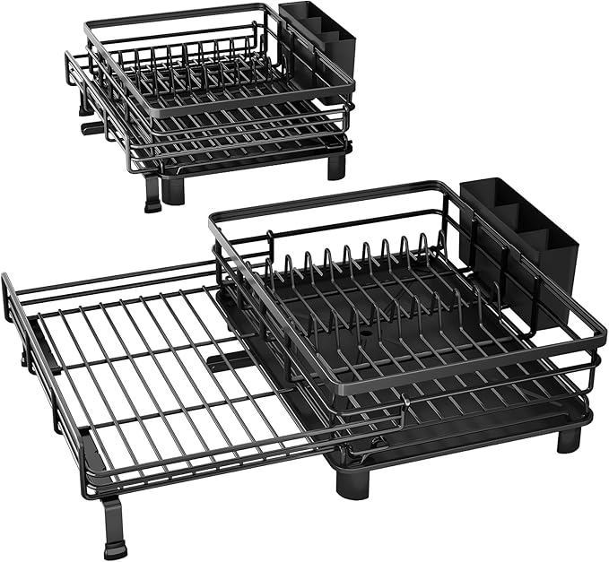 SNTD Dish Drying Rack - Extendable Dish Rack, Large Sink Drying Dish Drainer for Kitchen Counter, Stainless Steel Dish Strainer with Utensil Holder (Black)