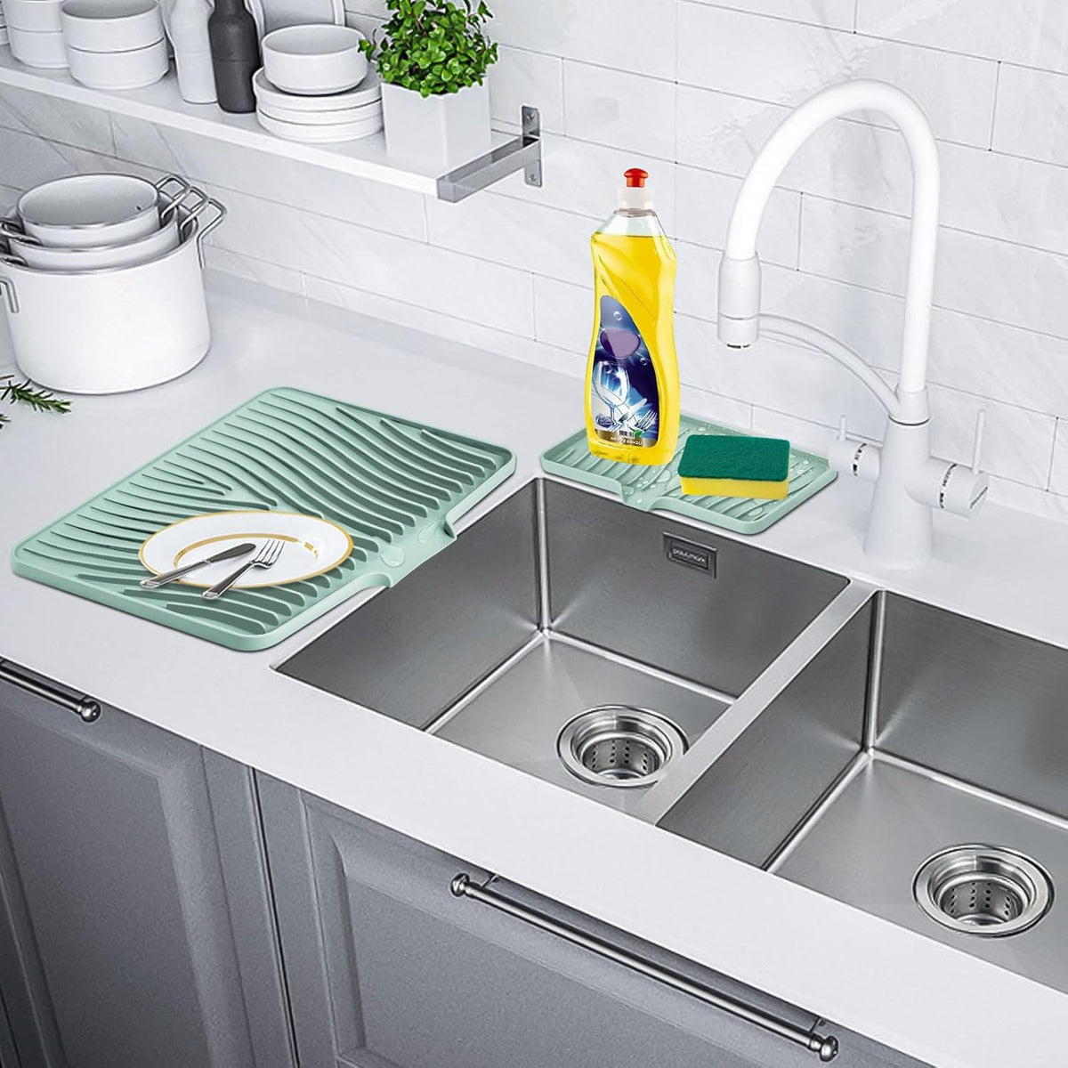 Silicone Dish Drying Mat for Kitchen Counter, Dish Drying Pad, Non-Slip Drain Pad with Built-in Drain, Heat Resistant Stone Drying Mat, 3 pcs (Mint)