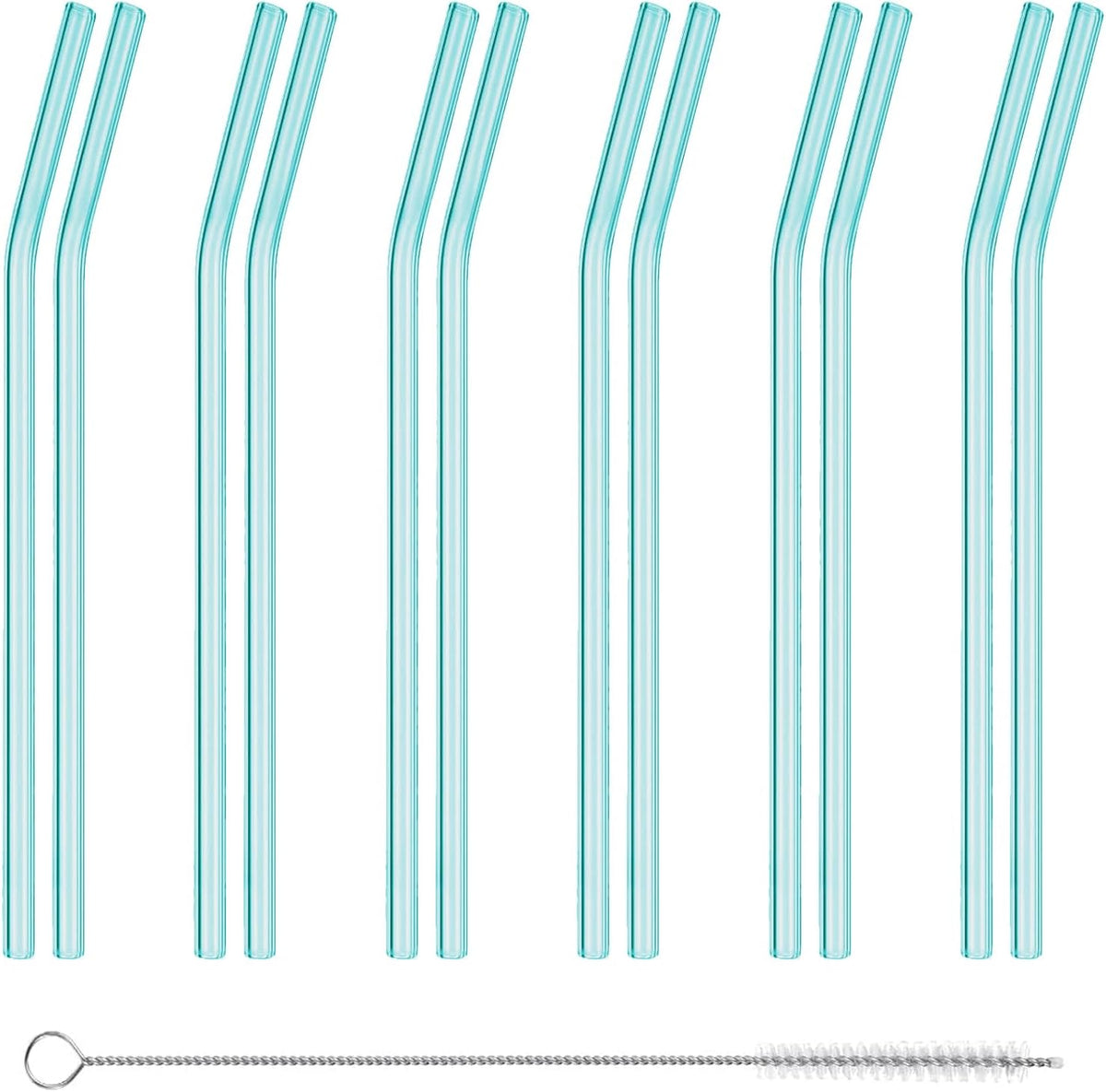 12 Pcs Reusable 8"x 8 mm Glass Straws with1 Cleaning Brush,High Borosilicate Transparent Glass Bent Smoothie Strawsfor Tea, Smoothies, Milkshakes, Juices,Beverages. (Light Pink)