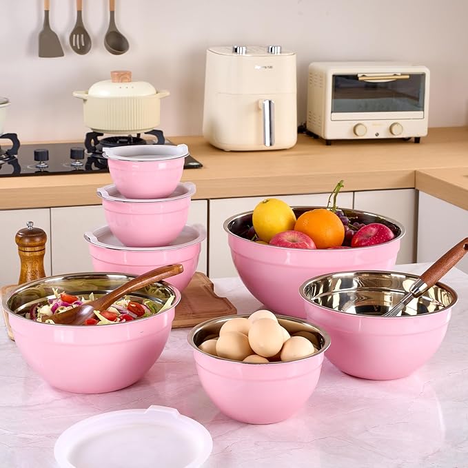 Pink Mixing Bowls with Lids Set of 7, Stainless Steel Nesting Bowl with Khaki Lid for Non-slip Mixing Prepping Storing Serving, 7 Sizes-7/3.6/2.7/2.1/1.5/1/0.8 QT