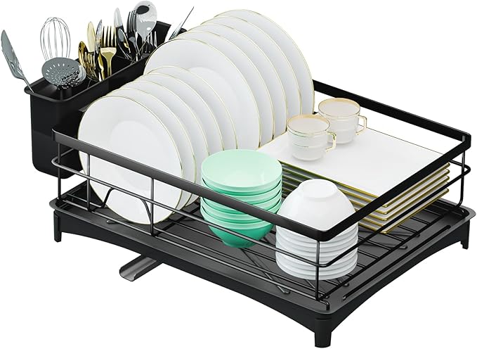 Dish Drying Rack, Large Capacity Dish Drainers for Kitchen Counter with Removeable Cutlery Holder, Rustproof & Sturdy Auto-Drain Multifunctional Organizer for Plates,Cups,knife fork Storage Essentials