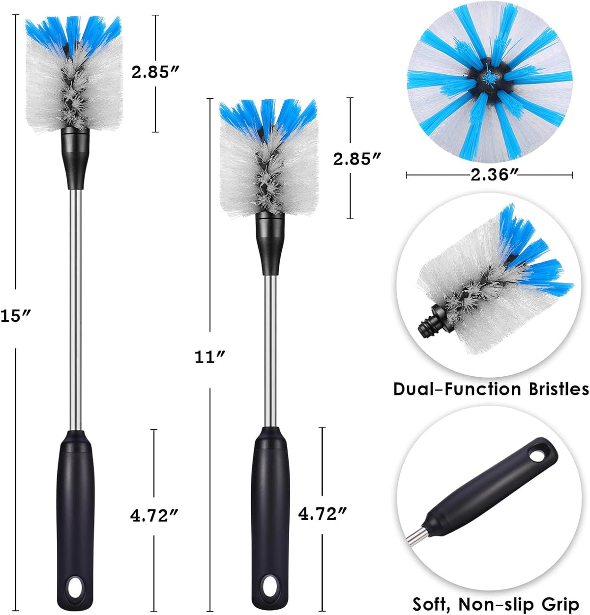 Stainless Steel Bottle Brush with Replaceable Head, 2 Pack Long Handle Scrubbing Brush for Water Bottles, Glasswares, Mugs, Flasks, Tumblers, Vases, and Kitchen Sink, 15 in
