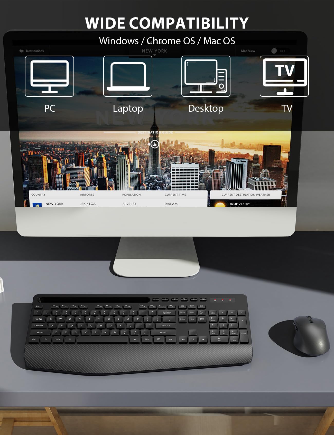 Wireless Keyboard and Mouse Combo - Full-Sized, Ergonomic Wrist Rest