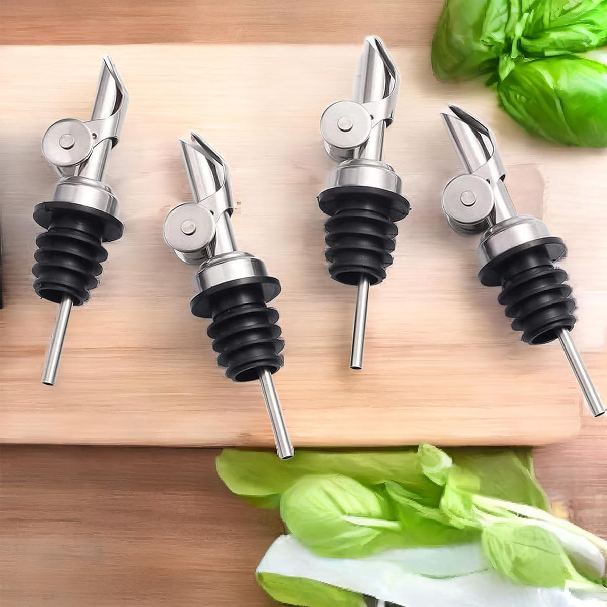 Pafusen 6 Pack Auto Flip Olive Oil Dispenser, Liquor Pour Spout, Oil Dispenser for Kitchen, Easily Turn Your Bottles into Dispensers for Liquor, Vinegar, Coffee Syrup or Oils, Weighted Pourer, Silvers