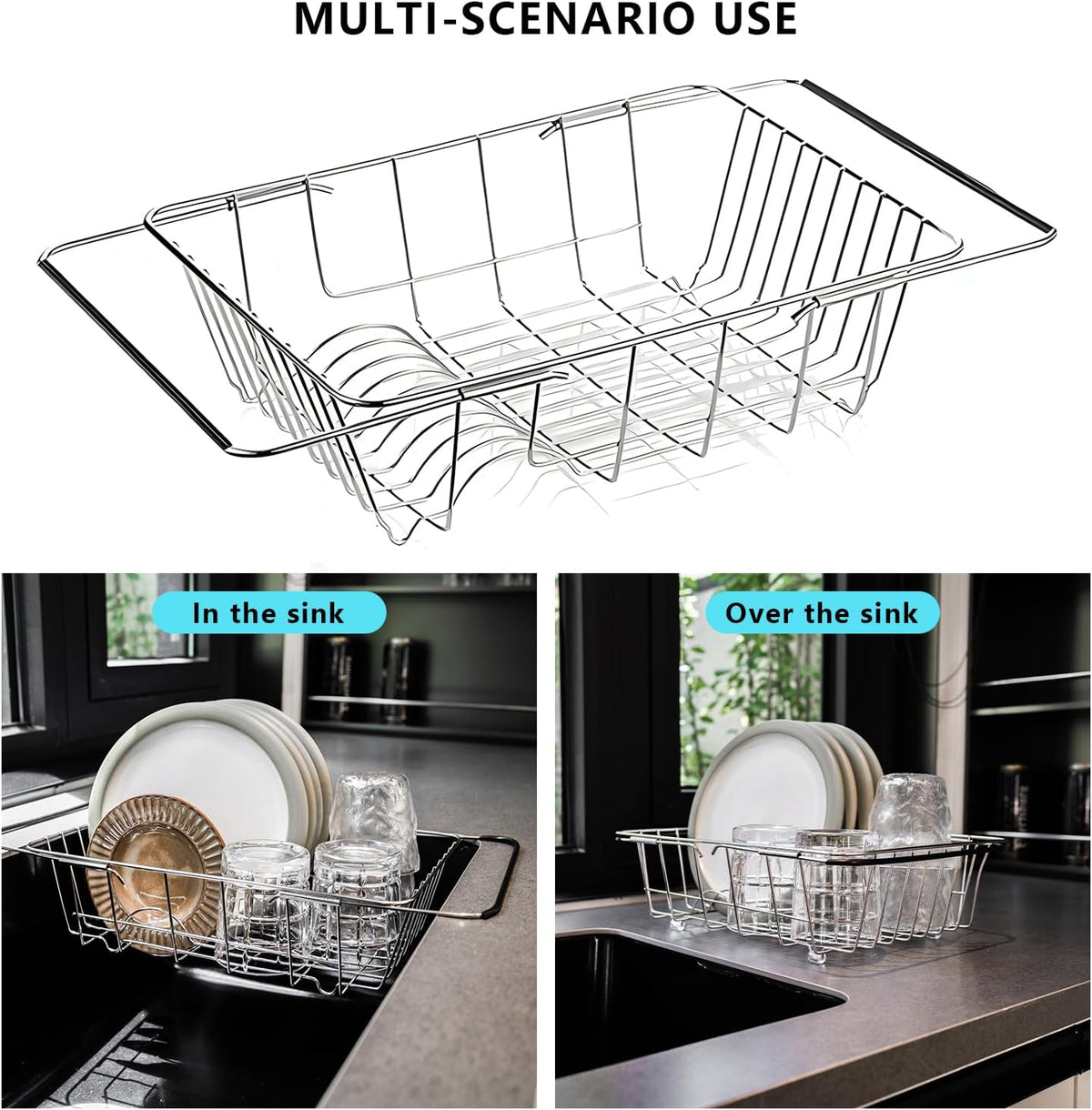 Over The Sink Dish Drainer Drying Rack - Expandable Stainless Steel in Sink Dish Drying Rack, High-Capacity, Rustproof, Easy Install, with Utensil Holder - Dish Racks for Kitchen Counter