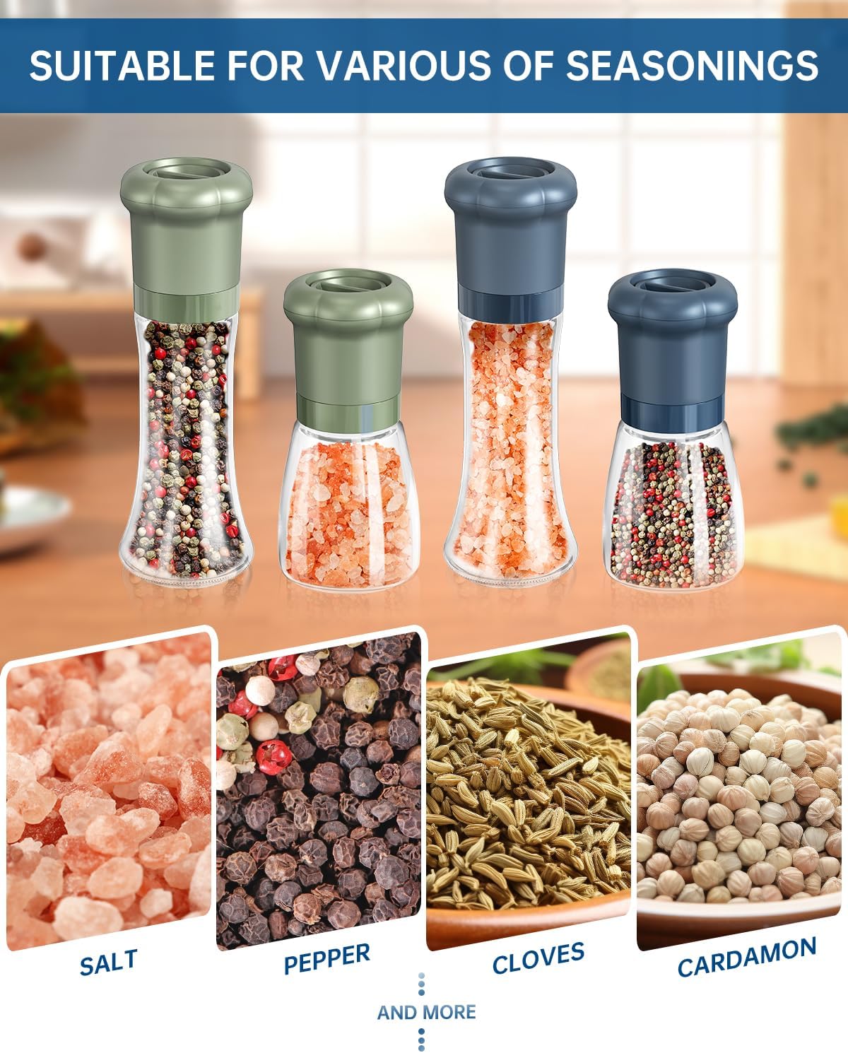 CIRCLE JOY Manual Salt and Pepper Grinder Set For Professional Chef, Refillable Salt and Pepper Shakers with Ceramic Blades, Adjustable Coarseness and BPA-free 180ml Glass Container, Tall Blue