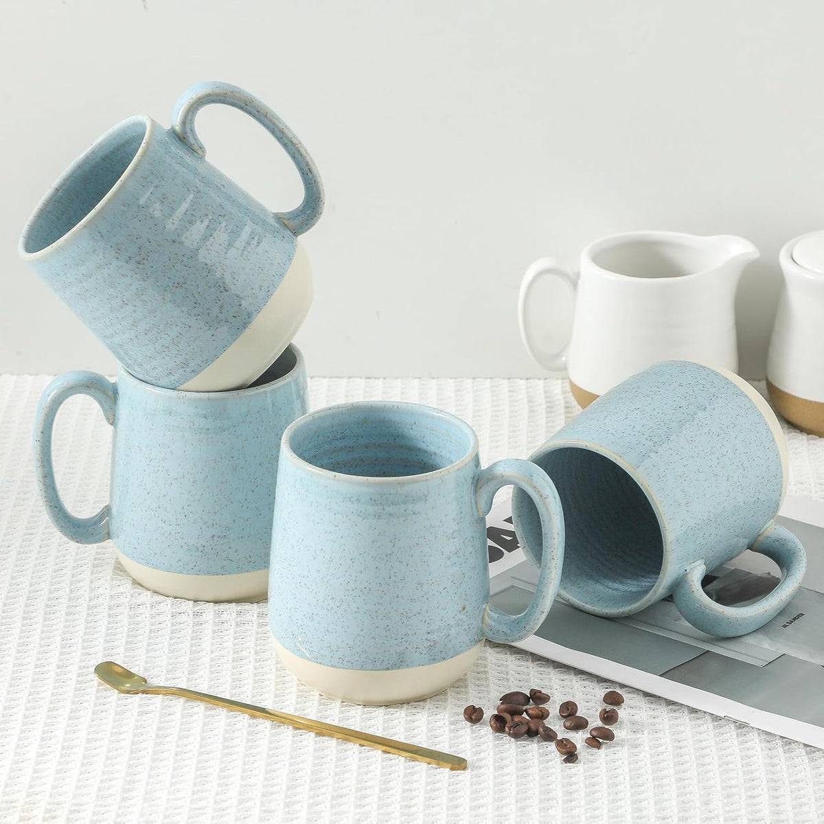 Hasense Ceramic Coffee Mugs Set of 4, 15 Oz Coffee Cup with Handle for Women and Men, Modern Large Latte Mugs for Cappuccino, Tea, Cocoa, Microwave Dishwasher Safe, Mother's Day Gifts, Light Blue