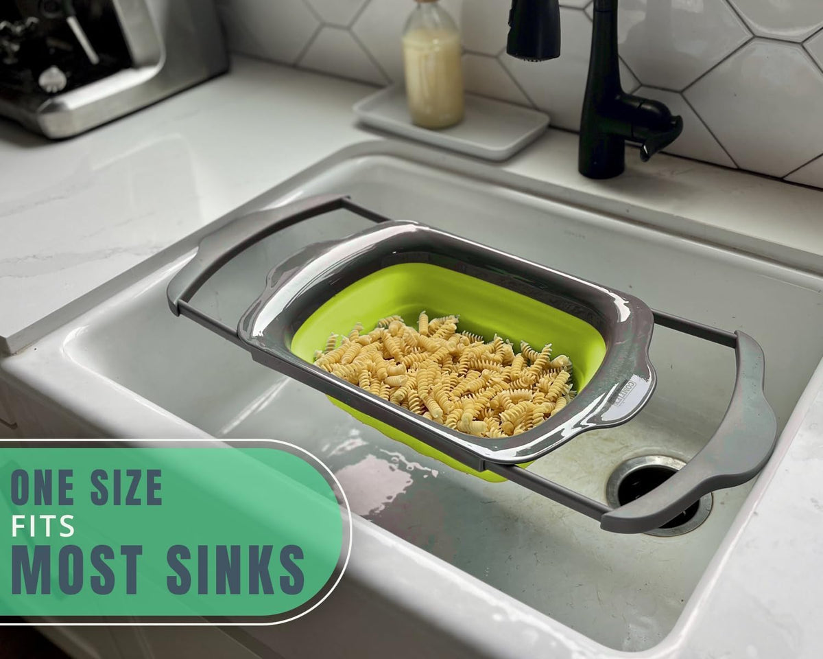 XL Large Kitchen Strainer by Comfify - Collapsible Silicone Over-The-Sink Colander with Extendable Handles - Use with Pasta, Fruit, Berries & Veggie - 6 Quart - Green