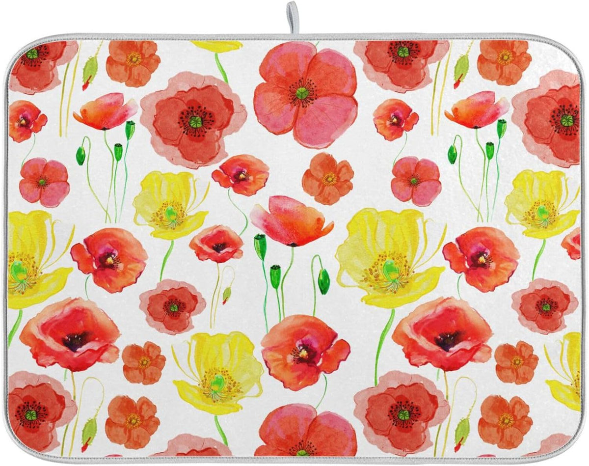 Yellow Red Poppy Flowers Dish Drying Mat for Kitchen Counter Absorbent Microfiber Drying Pad, Large 18x24 in, Reversible Drainer Mats