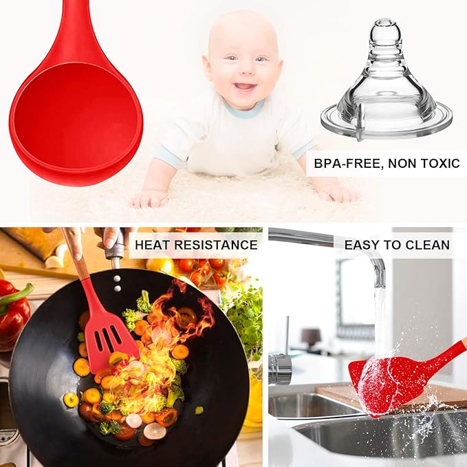 MIBOTE Silicone Cooking Utensils Kitchen Utensil Set - 446°F Heat Resistant,Turner Tongs, Spatula, Spoon, Whisk, Wooden Handle Kitchen Gadgets with Holder for Nonstick Cookware Christmas (Red)
