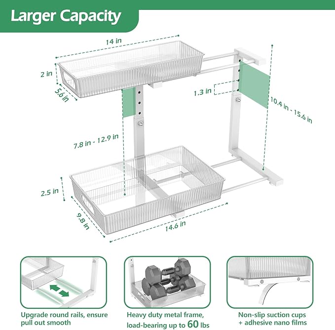 ADRIMER Under Sink Organizer 2 Packs, Pull Out Kitchen Sink Organizer, 2 Tier Slide Out Kitchen Organizers and Storage Bathroom Under Cabinet Storage Shelf, Transparent & White