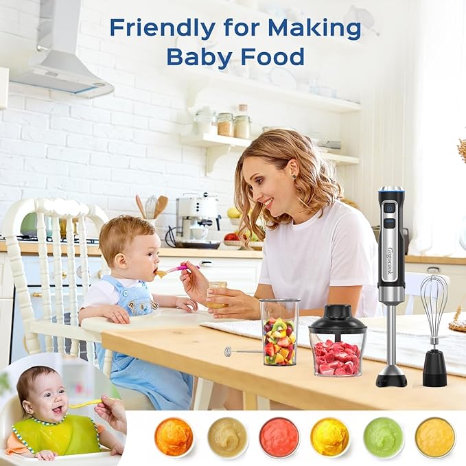 Immersion Blender 5 in 1 Hand Blender, Electric Blenders Max 1000W Heavy Duty Motor, 21 Speed & Turbo Mode Handheld Blender, Milk Frother, Egg Whisk, 800ml Beaker, 600ml Chopper Stainless Steel Blades