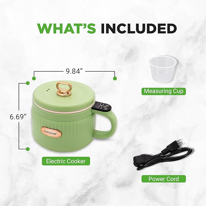 NutriChef 1.6 QT Portable Electric Rice Cooker & Lunch Maker | Multi-Functional & Non-Stick Ceramic Coating | Digital Control Panel | 6 Cook Functions: Rice, Soup, Stew, Porridge & More | Green