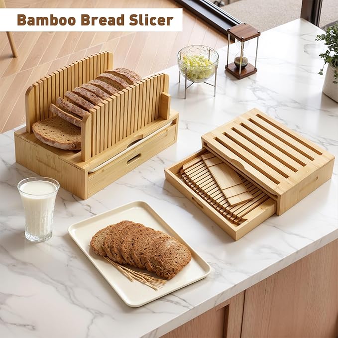 Bamboo Bread Slicer for Homemade Bread Adjustable Width Slicing Guides, Compact Loaf Cutter for Perfect Slices