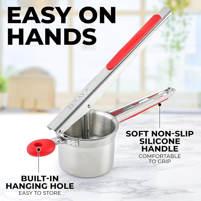 Zulay Kitchen Premium Large 15oz Potato Ricer, Heavy Duty Professional Stainless Steel Potato Masher and Ricer Kitchen Tool, Press and Mash Kitchen Gadget - Red and Silver