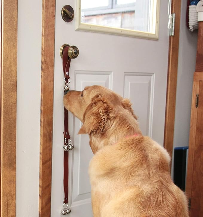 Leather Dog Doorbells for Door Knob/Potty Training/Go Outside, Length Adjustment Copper Dog Bell, Housetraining Hanging Bell, Dark Brown Leather Silver Bells - 2 Pack