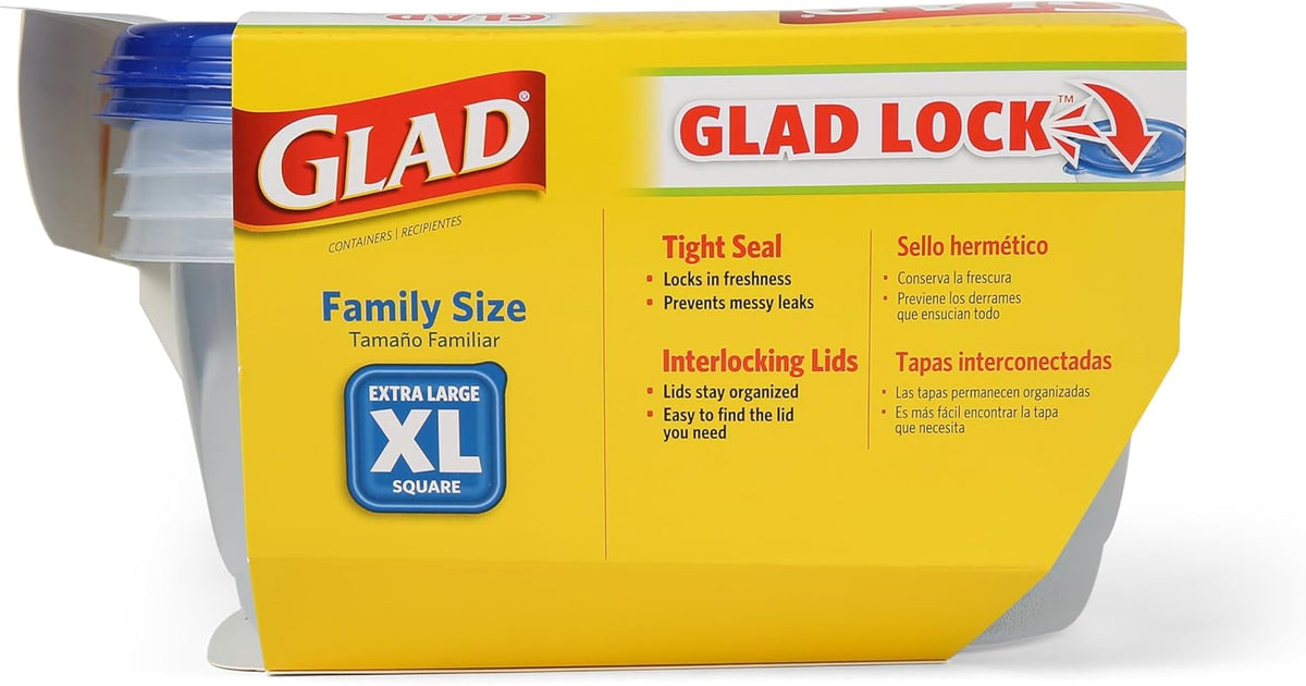 Glad GladWare Family Size Food Storage Containers, XL Square - Meal Container Holds up to 104 Ounces of Food - Lock Tight Seal, 3 Count - 3 Pack